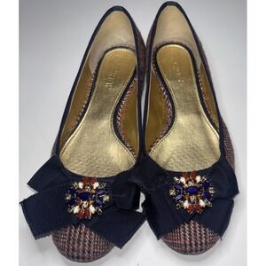 J. Crew Plaid Flats Shoes Ballerina‎ with Bejeweled Bow Women's Size 5